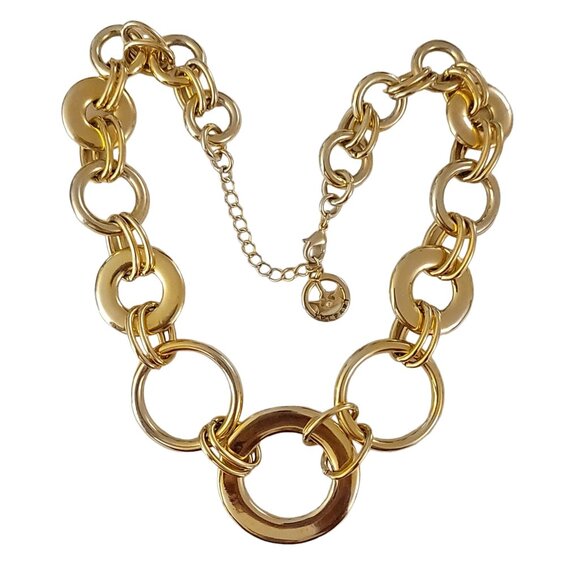 Trifari Gold Tone Red Enamel Open Round Chain Rings Link Necklace 18" Long, K532 - Picture 3 of 6